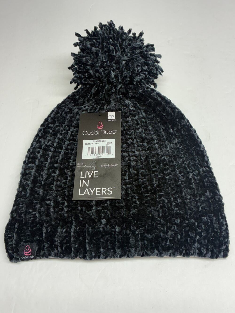 Cuddl Duds Women’s Black Chenille Pom Pom Beanie Winter Hat One Size NWT